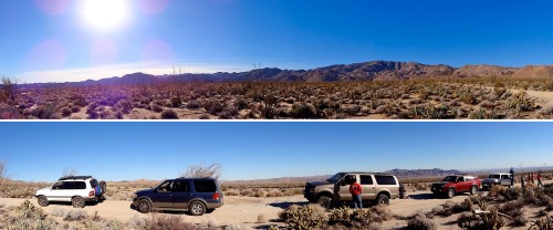 We stopped on our way out, to wait for the folks at the back to catch up.  Nice view of mountains, cactus, and big vehicles.