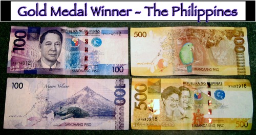 The Philippines won because of the awesome things they put on their currency. And the wonderful colors, they must have one hell of a colorist in their mint! I did NOT give the Philippines the gold medal to curry favor with my friends Arnel, Rowena, or Danielle, in the hopes that they also might give me a lovely plate of lumpia.
