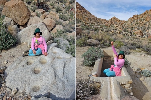 On the hike down Emma found some moteros (grinding holes created by Native Americans), and an old cattle watering trough.  She is pretending to wash up with some rock soap.